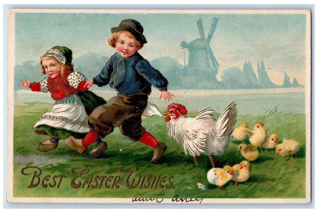 c1910's Easter Wishes Chicken Hen Chasing Dutch Children Chick Windmill Postcard