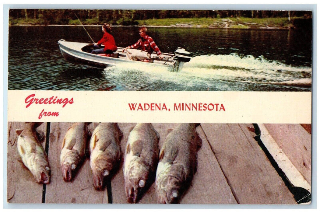 c1960 Greetings From Wadena Fishing Motor Boat Bass Fish Minnesota MN Postcard