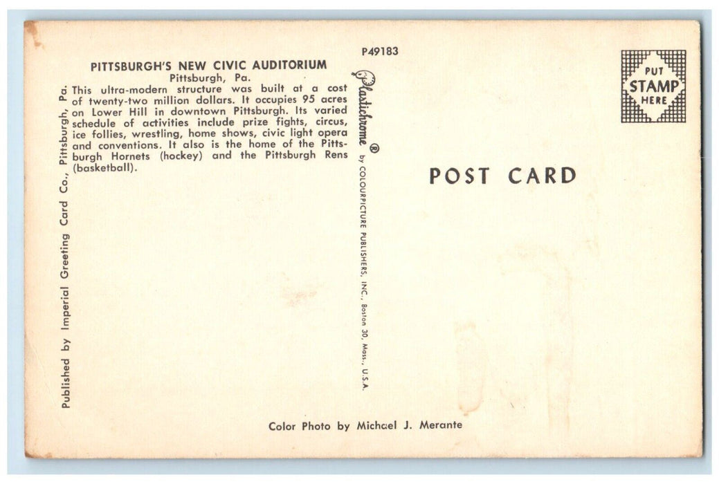 c1960 Pittsburghs New Civic Auditorium Exterior Pittsburgh Pennsylvania Postcard