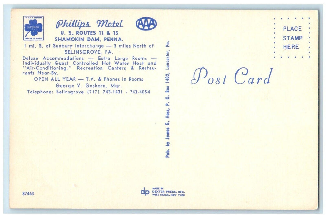 c1960 Phillips Motel Shamokin Dam Exterior Selinsgrove Pennsylvania PA Postcard