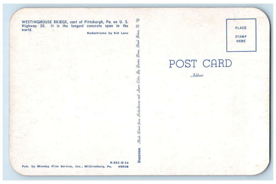 c1960 Birds Eye Aerial View Westinghouse Bridge Pittsburgh Pennsylvania Postcard