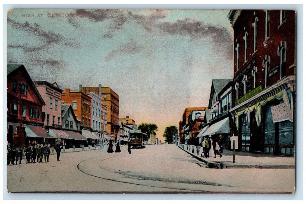 c1910 High Street Clinton Streetcar Massachusetts MA Vintage Antique Postcard