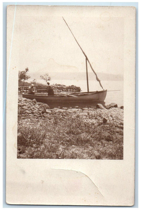 c1930's Sailboat Sea Of Galilee Bethesda Jerusalem Israel RPPC Photo Postcard