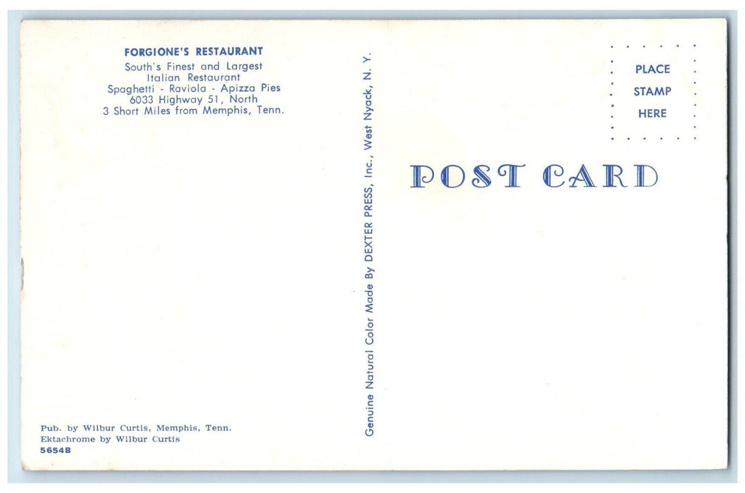 c1960 Forgione's Restaurant Italian Spaghetti Pizza Memphis Tennessee Postcard