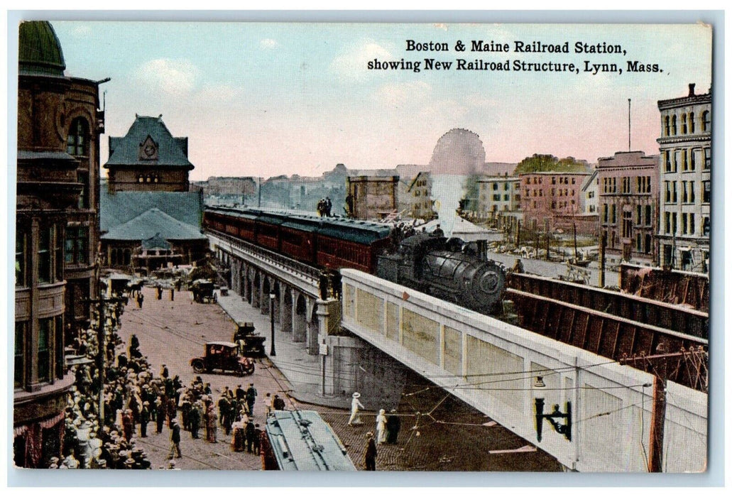c1910 Aerial Boston Maine Railroad Station New Railroad Structure Lynn Postcard
