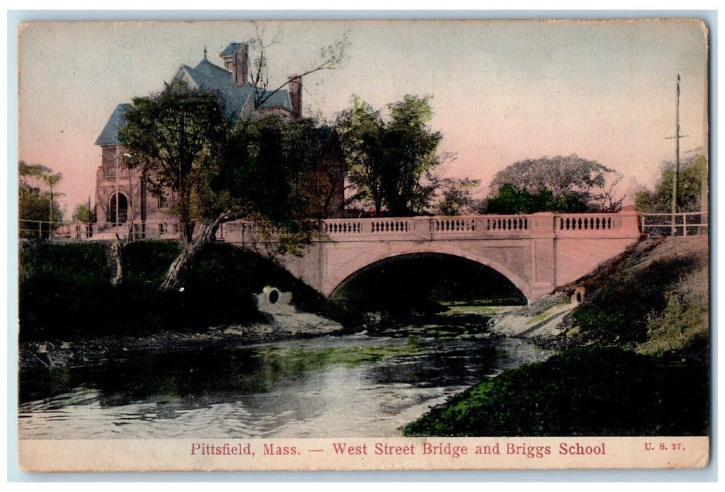c1905 West Street Bridge Briggs School Pittsfield Massachusetts Vintage Postcard