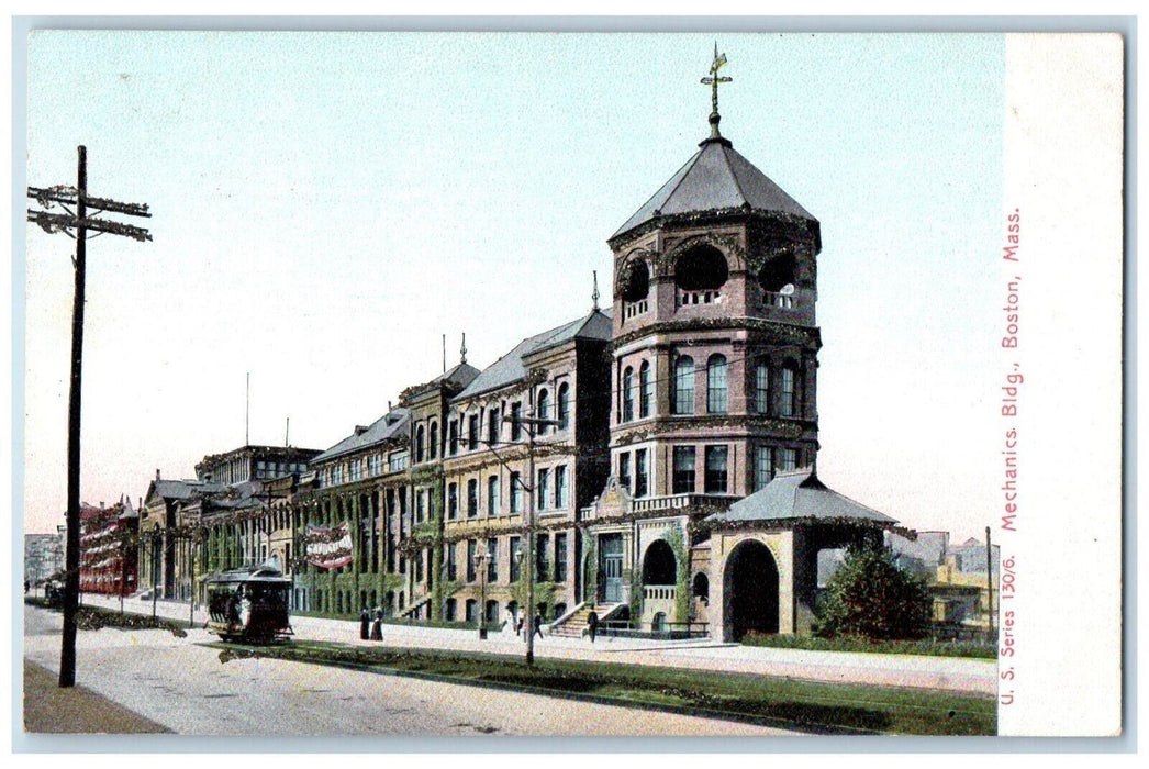 c1905 Mechanics Building Streetcar Boston Massachusetts Vintage Antique Postcard
