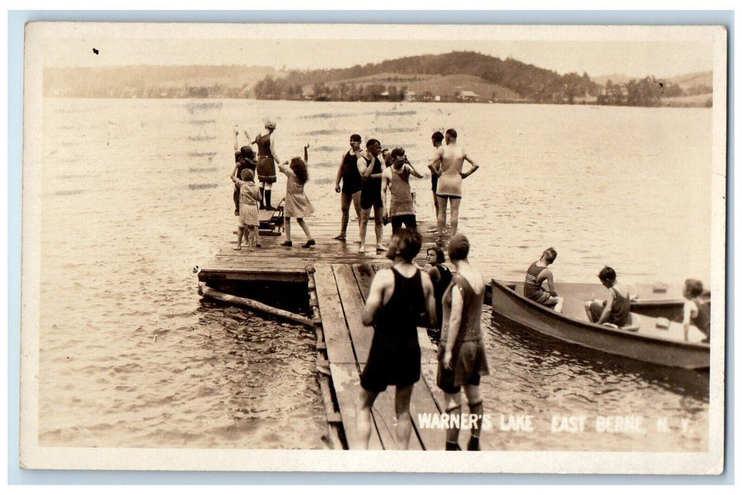 1925 Warner's Lake View Swimming Swim Boat East Berne NY RPPC Photo Postcard