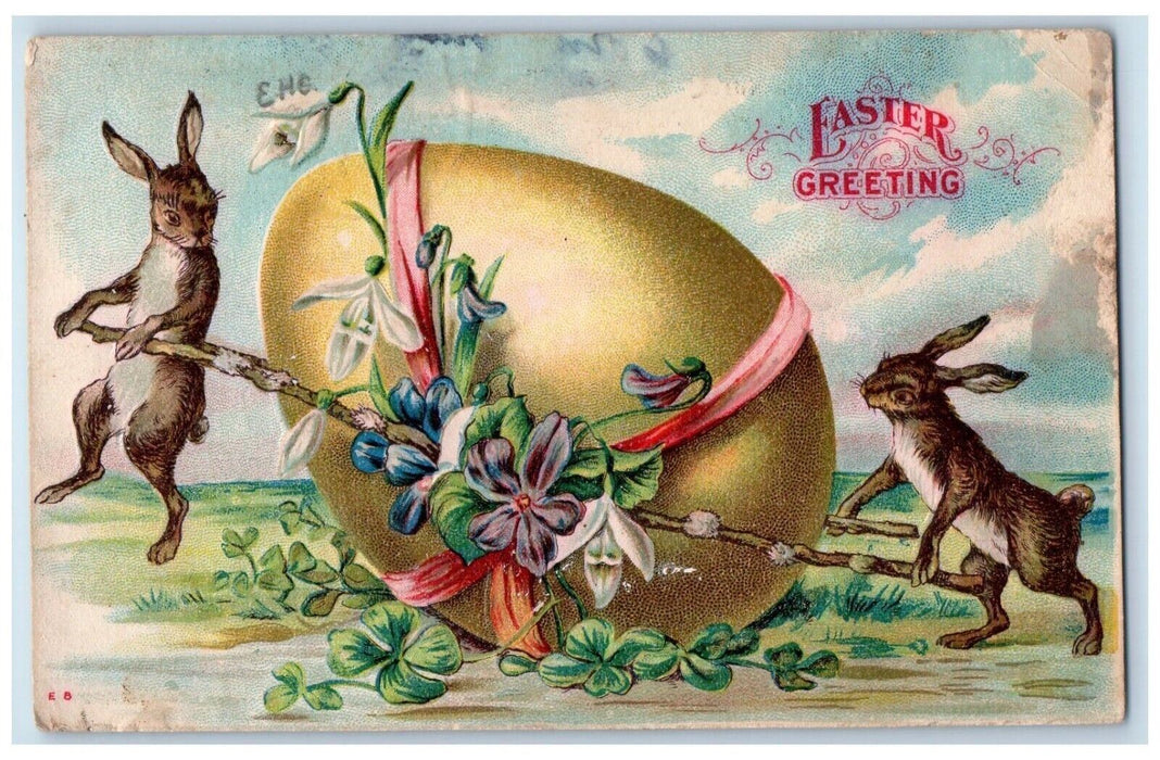 c1910's Easter Greeting Rabbit Pushing Giant Egg Embossed Antique Postcard