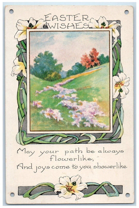 c1910's Easter Wishes Lily Flowers Arts Crafts Embossed Posted Antique Postcard