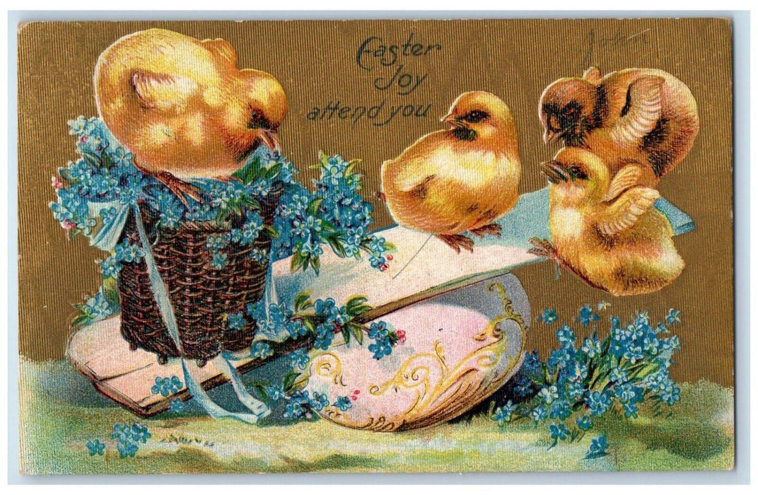 Easter Joy Chicks Playing See Saw Pansies Flowers Basket Embossed Postcard