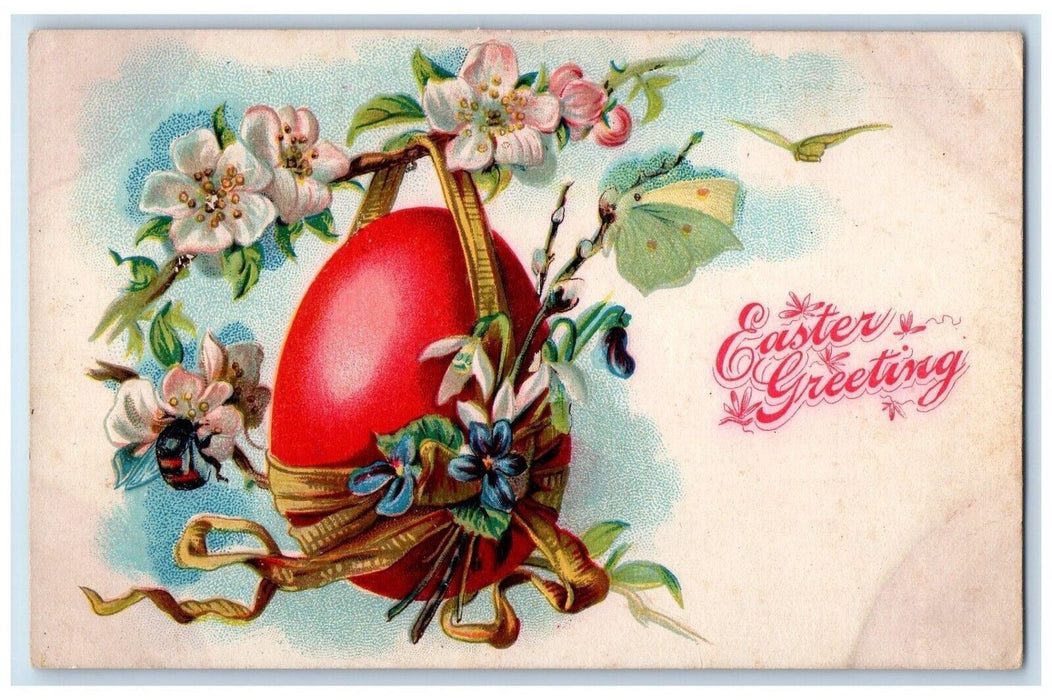 c1910's Easter Greeting Hanging Egg Flowers Embossed Posted Antique Postcard