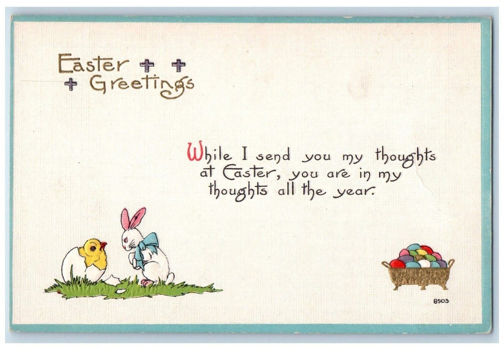 c1910's Easter Greetings Bunny Rabbit Hatched Egg Basket Chicks Antique Postcard