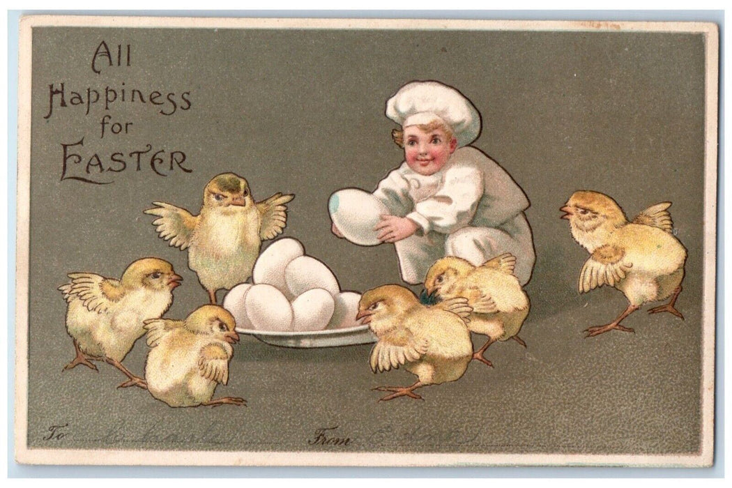 c1905 Easter Woman Chef Chicks Eggs Clapsaddle Embossed Antique Postcard