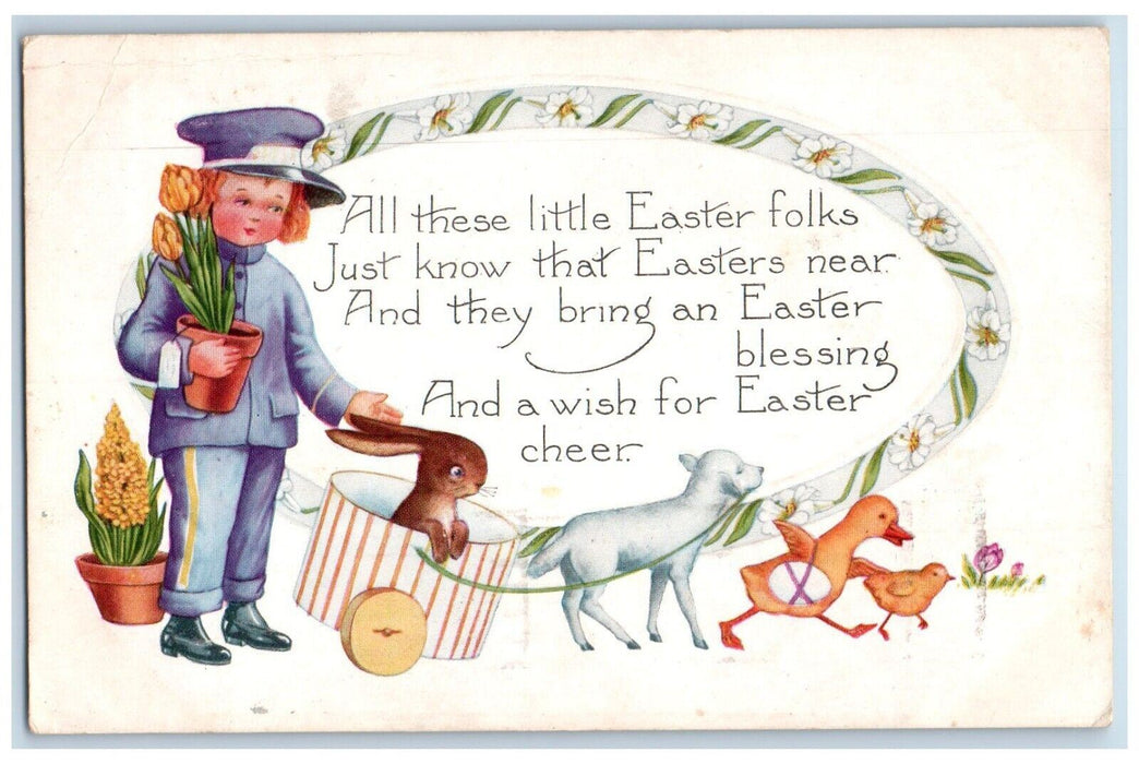 1920 Easter Little Folks Flowers Pot Lamb Rabbit Chicks Flowers Vintage Postcard