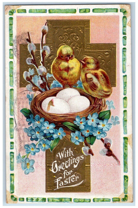 Easter Greetings Holy Cross Chicks Eggs Nest Pipe Pansies Flowers Nash Postcard