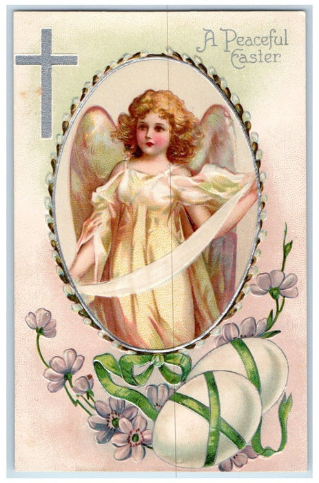 c1910's Easter Holy Cross Eggs Angel Flowers Embossed Posted Antique Postcard