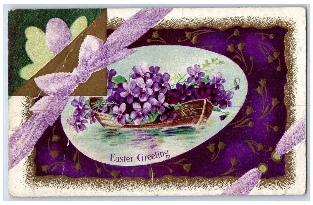1913 Easter Greeting Eggs Pansies Flowers Boat Waterville Maine ME Postcard