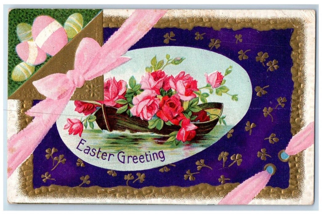 1911 Easter Greeting Eggs Rose Flowers Boat Shamrock Embossed Antique Postcard