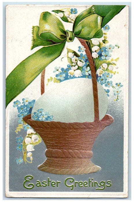 1910 Easter Greetings Egg In Basket Ribbon Pansies Embossed Antique Postcard