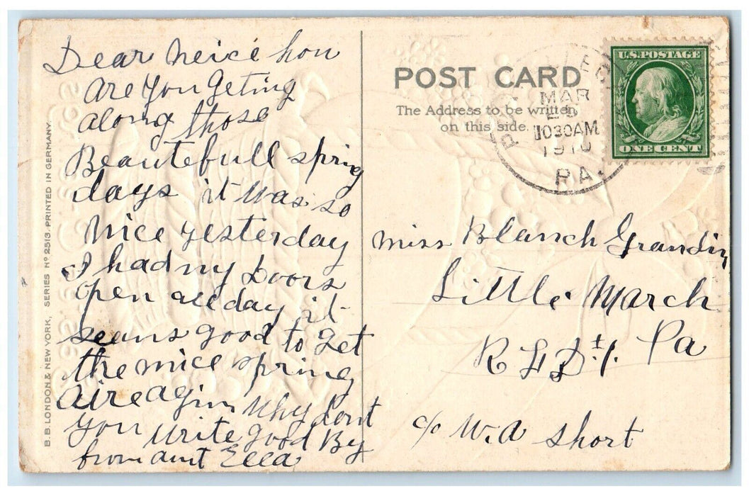 1910 Easter Greetings Egg In Basket Ribbon Pansies Embossed Antique Postcard