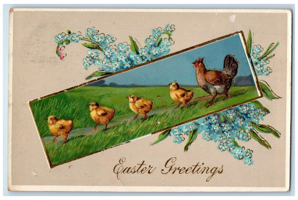 1913 Easter Greetings Chicken Chicks Pansies Flowers Embossed Gel Postcard