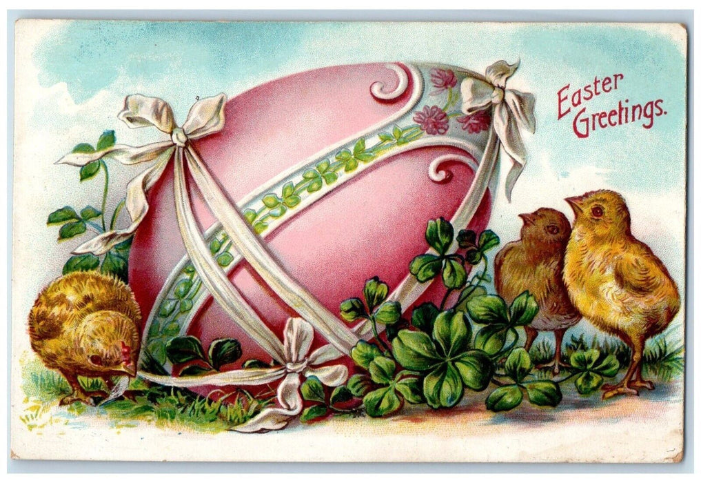 1909 Easter Greetings Giant Egg Chicks Shamrock Embossed Posted Antique Postcard