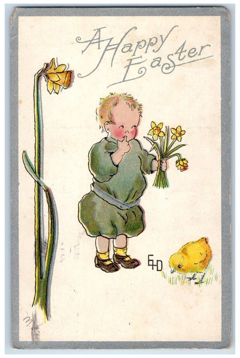 1911 Happy Easter Boy Finger Bite Flowers Chick Bay City Michigan MI Postcard