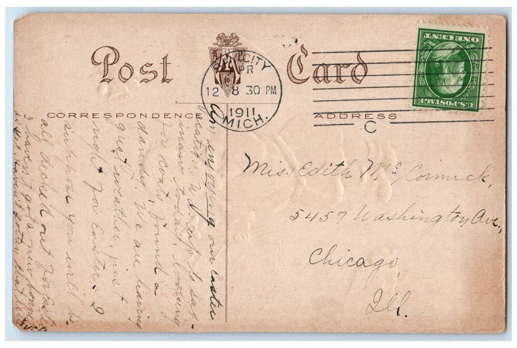 1911 Happy Easter Boy Finger Bite Flowers Chick Bay City Michigan MI Postcard