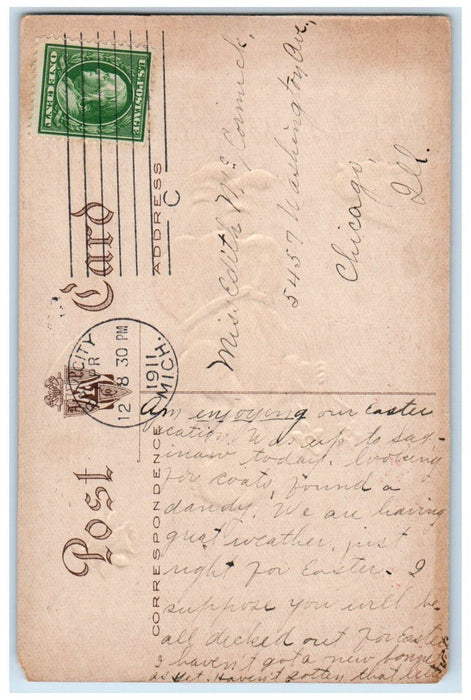 1911 Happy Easter Boy Finger Bite Flowers Chick Bay City Michigan MI Postcard
