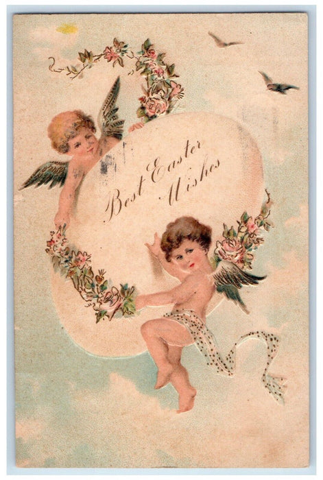 1908 Easter Wishes Giant Egg Flowers Birds Embossed Lebanon PA Antique  Postcard