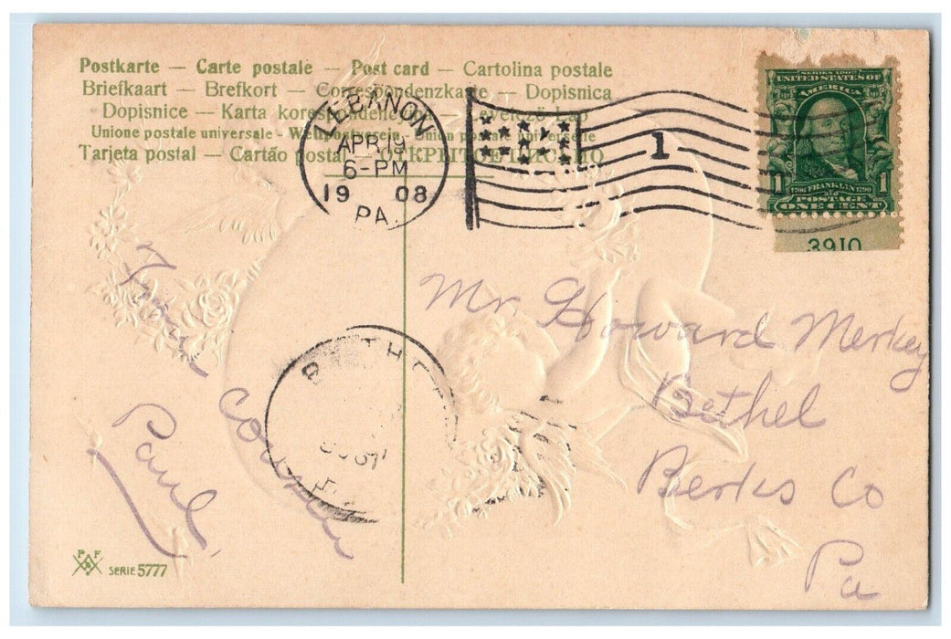 1908 Easter Wishes Giant Egg Flowers Birds Embossed Lebanon PA Antique  Postcard