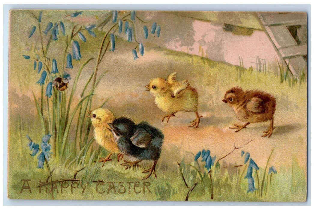 1910 Easter Chicks Chasing Bee Blue Flowers Embossed Winsch Back Posted Postcard