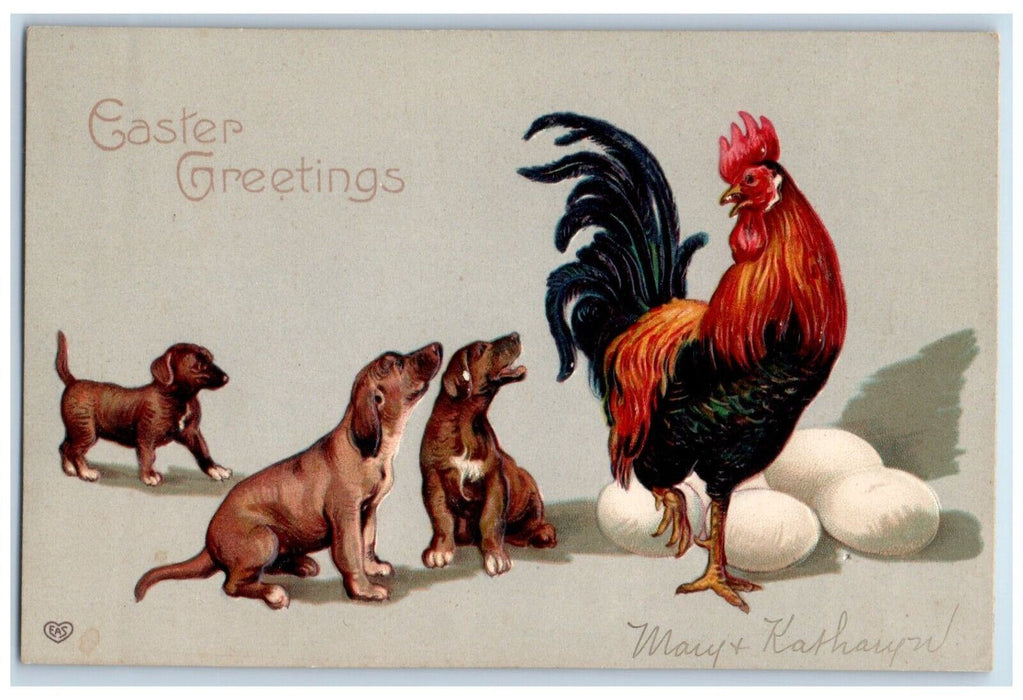 Easter Greetings Hound Dogs Barking Rooster Chicken Eggs Embossed Postcard