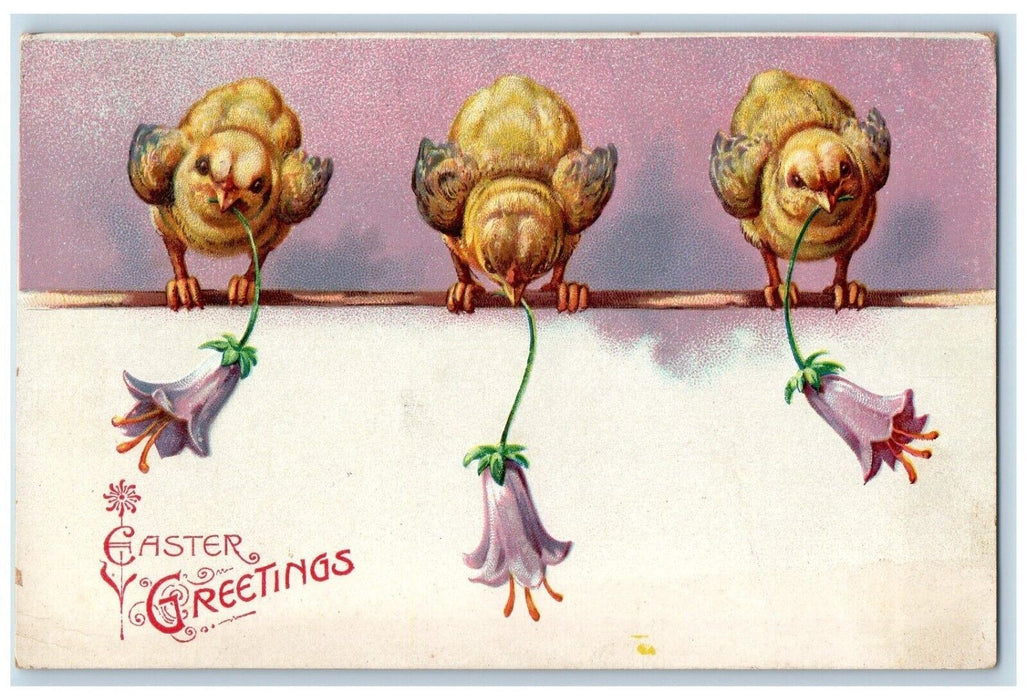 c1910's Easter Greetings Chicks Flowers Embossed Posted Antique Postcard