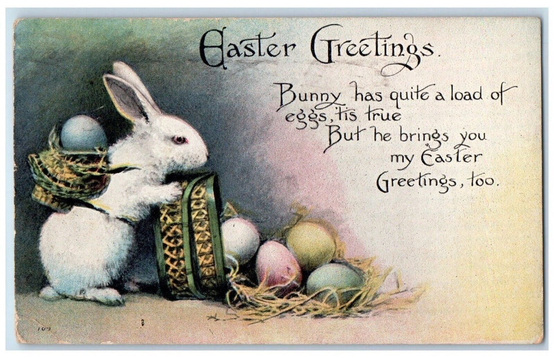 1918 Easter Greetings Bunny Rabbit With Basket Eggs Wellsboro PA Posted Postcard