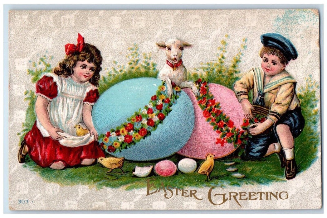Easter Greetings Children Giant Egg Flowers Lamb Chicks Lancaster PA Postcard