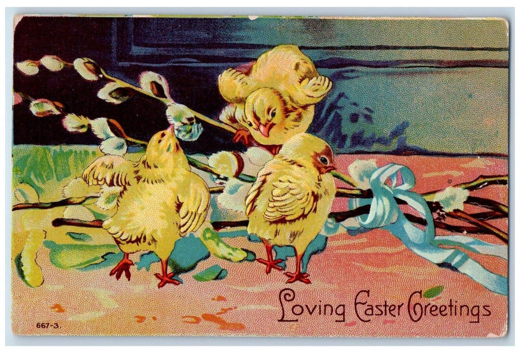 c1910's Easter Greetings Chicks Pipe Berry Cattail Embossed Antique Postcard