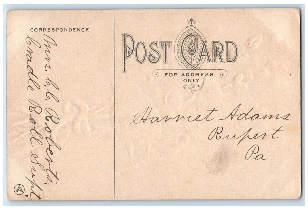 c1910's Easter Greetings Chicks Pipe Berry Cattail Embossed Antique Postcard
