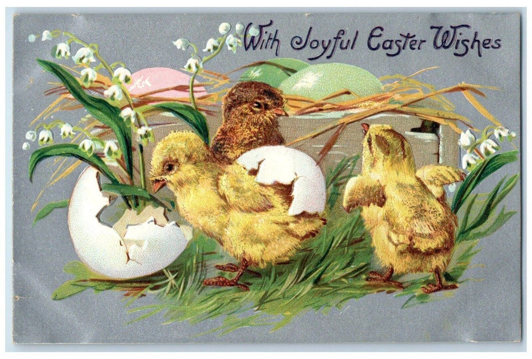 c1910's Easter Wishes Hatched Eggs Chicks Flowers Embossed Tuck's Postcard