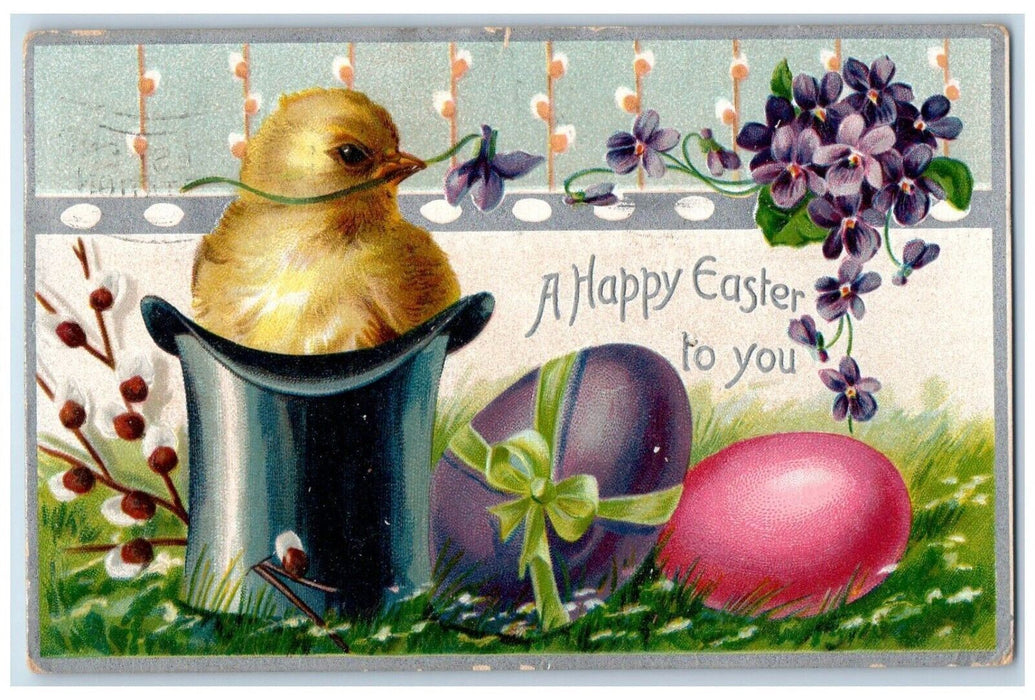 1910 Happy Easter Chick In Hat Eggs Pansies Flowers Tuck's Portland ME Postcard