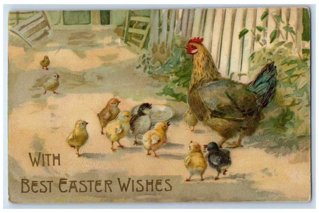 c1910's Easter Wishes Chicken Hen Chicks Embossed Winsch Back Embossed Postcard