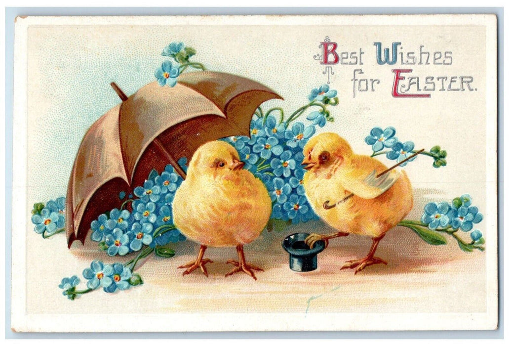 Easter Wishes Chicks Hat Pansies Flowers Umbrella Clapsaddle Embossed Postcard