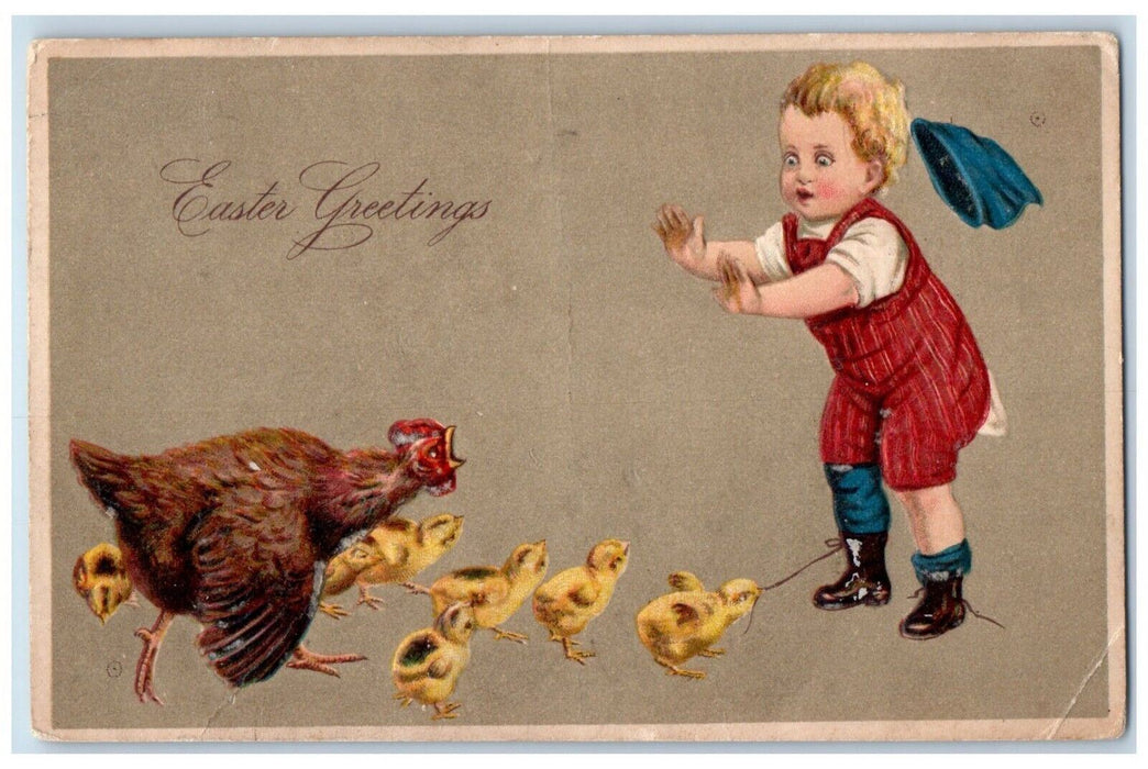 1914 Easter Greetings Little Boy Chicken Hen Chicks Embossed Antique Postcard