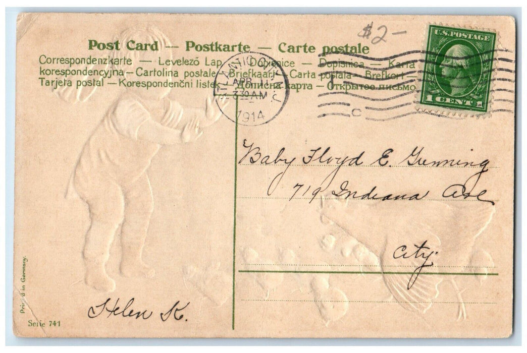 1914 Easter Greetings Little Boy Chicken Hen Chicks Embossed Antique Postcard