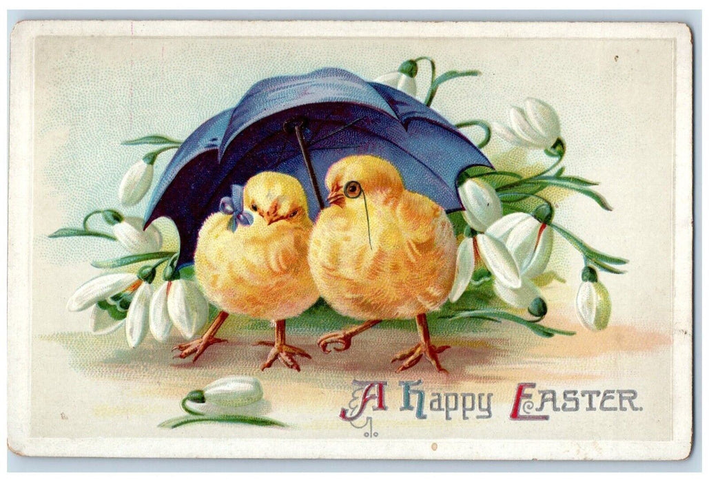 1911 Happy Easter Chicks Umbrella White Flowers Reading Pennsylvania PA Postcard