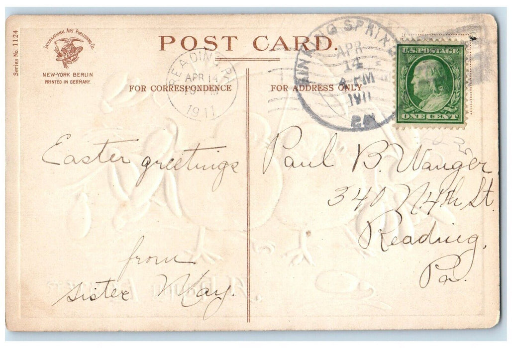 1911 Happy Easter Chicks Umbrella White Flowers Reading Pennsylvania PA Postcard