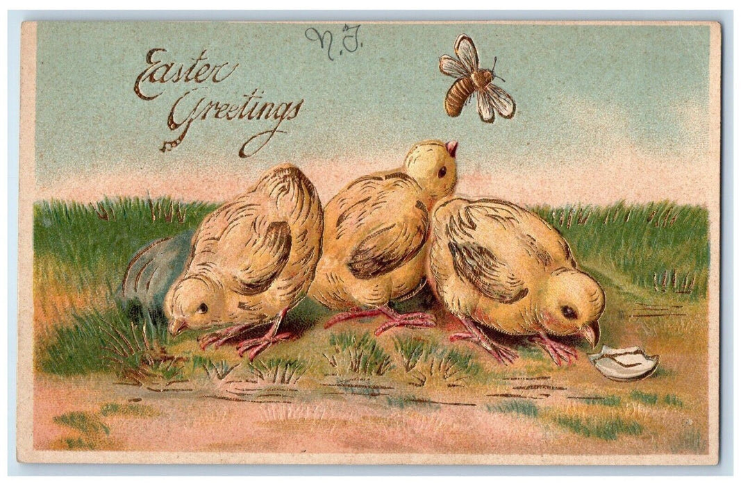 c1910's Easter Greetings Chicks Bee Hatched Egg Embossed Antique Postcard