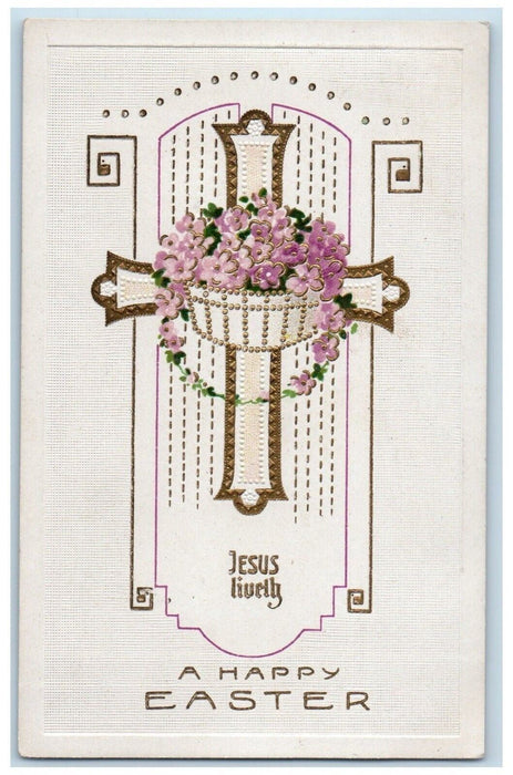 1914 Happy Easter Holy Cross Flowers Art Nouveau Embossed Columbia PA Postcard