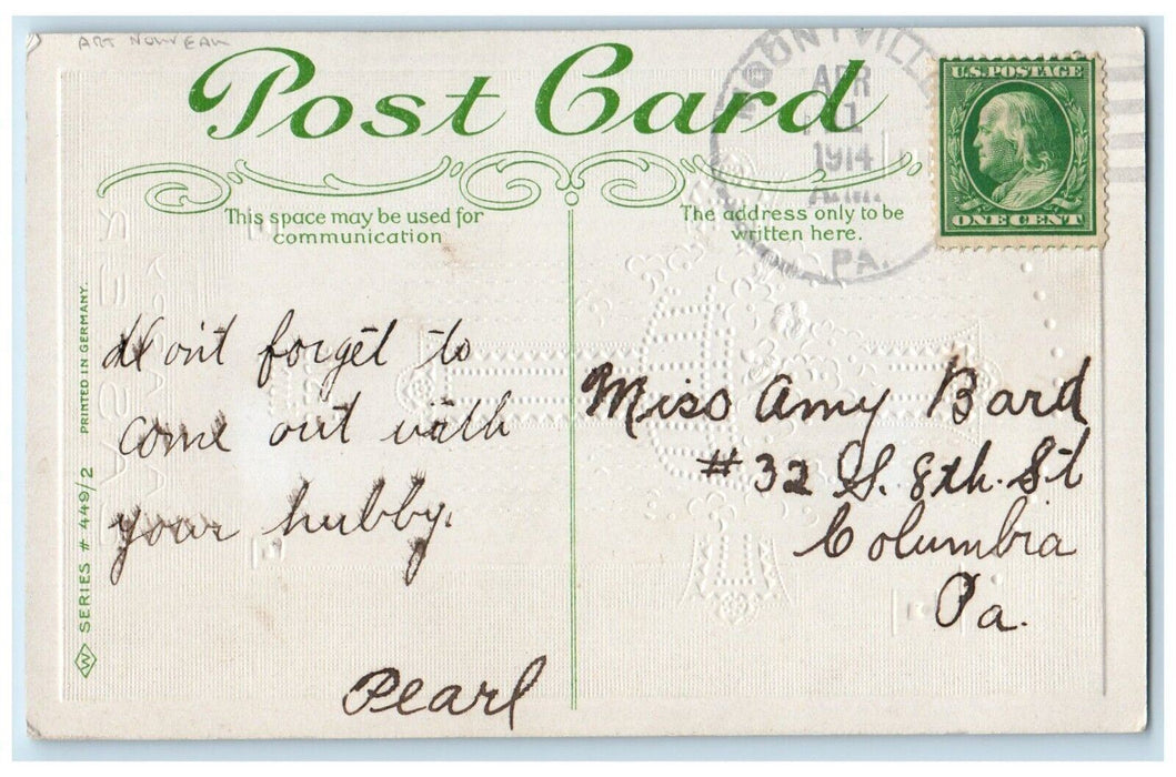 1914 Happy Easter Holy Cross Flowers Art Nouveau Embossed Columbia PA Postcard